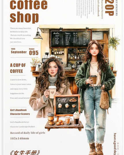 Auguro Scrapbooking Sticker 20 Sheets 120 Pre-Cut PET Coffee Shop Girls People Stickers Books for journaling Scrapbook Supplies Coffee Sticker Book for Scrapbooking