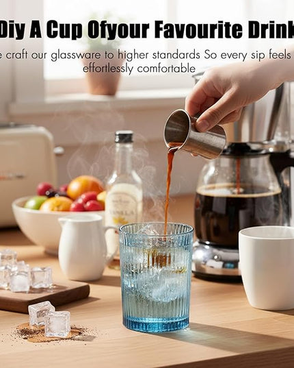 Ribbed Juice Glasses 10 oz. Set Of 6 Glass Cups - Drinking Beverage Tumblers for Soda, Water, Milk, Coke, and Spirits, Durable Heavy Bottom Juice Glassware-For Home and Bars