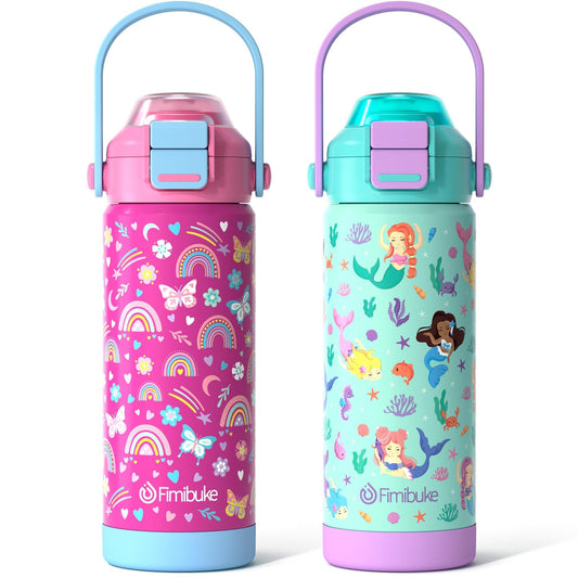 Fimibuke 18oz Kids Insulated Water Bottle with 2-in-1 Straw & Spout Lid