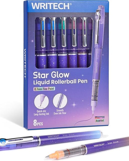 WRITECH Liquid Ink Rollerball Pens: 8ct Assorted Colors Fine Point Tip 0.7mm Roller Ball Rolling Pen for Smooth Writing Coloring Drawing Journaling No Bleed & Smear &Smudge Multi Colored