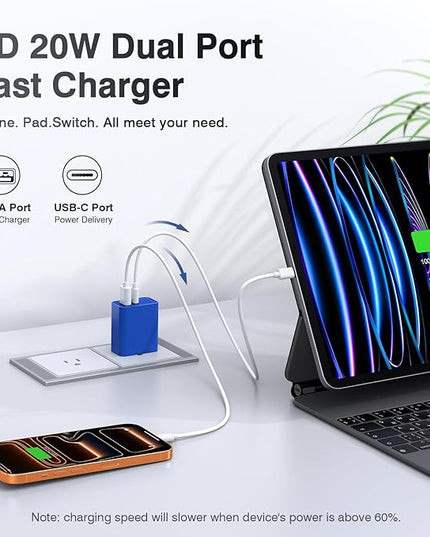 2 Pack USB C Charger, 20W PD Fast Charger Dual Port Plug Type C Charger Compatible for iPhone 12/13/14/15/16/17/Pro/Pro Max/Plus/X/SE3 iPad Pro Cube,Galaxy S25/S24 Dark Blue