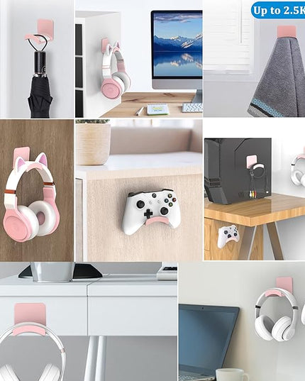 SOKUSIN Headphone Stand Headset Holder - Adhesive Gaming Earphones Hanger, Universal Desk Wall Mount Hook for All Headphone/Controller, Compatible with Beats, AirPods Max,Sony, JBL (Pink)