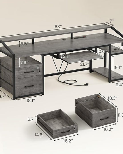SEDETA 63" Computer Desk, Office Desk with Lockable Drawers for Legal/Letter File, Gaming Desk with LED Lights & Power Outlet, Home Office Desks with Storage, Grey
