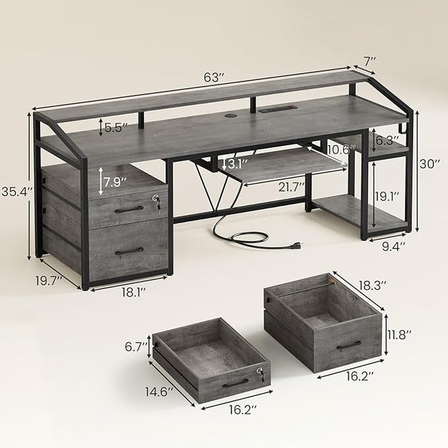 SEDETA 63" Computer Desk, Office Desk with Lockable Drawers for Legal/Letter File, Gaming Desk with LED Lights & Power Outlet, Home Office Desks with Storage, Grey