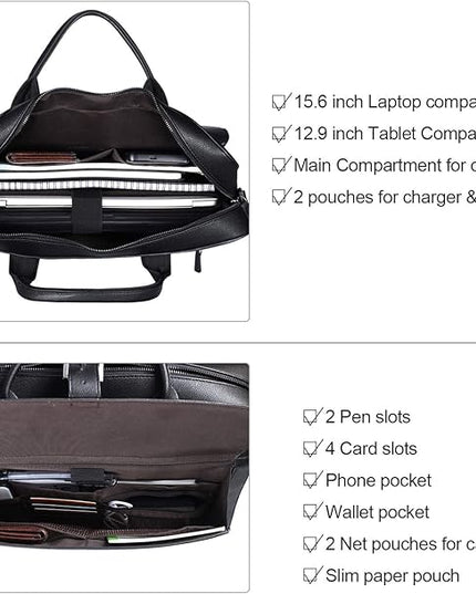ESTARER Laptop Briefcase 15.6 Inch, Men’s Briefcase for Business/Travel, Leather Computer Office Work Bag, Water Resistant Laptop Bag, Black