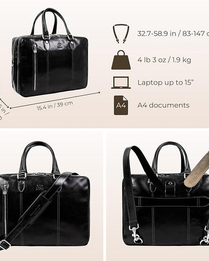 Time Resistance Leather Laptop Briefcase - Full Grain Leather Computer Bag for Men and Women
