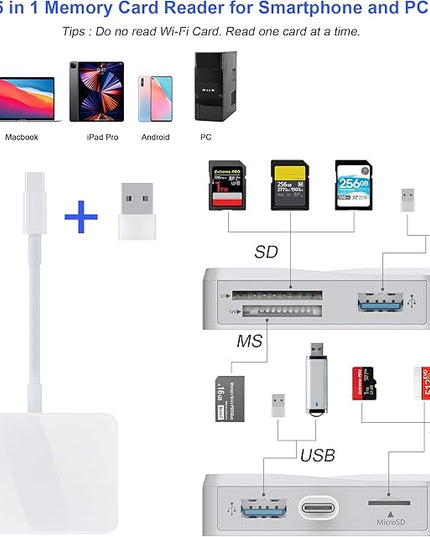 SD Card Reader, 5 in 1 USB-C & USB Card Adapter with SD/MicroSD/MS and Dual USB-A Ports Memory Card Reader for iPhone 17/16/15 Pro Max iPad MacBook Pro/Air M4/M3 Android Phone/Tablet PC (White)