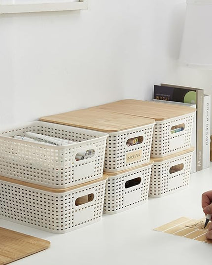 Small Plastic Storage Bins with Bamboo Lids 5.2qt Stackable Box Basket Pantry Decorative Containers Cute with Lable for Organizing Desktop Closet Office Cream White of 6 packs 10*7.2*4.1'’