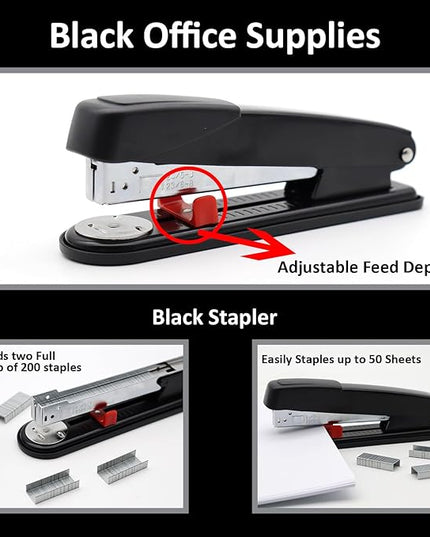 Black Office Supplies,UPIHO Black Desk Accessories,Stapler and Tape Dispenser Set for with Large Stapler,Tape Dispenser, Staple Remover, Staples, Clips,Scissor and Tabs,Gifts for Office Clerks