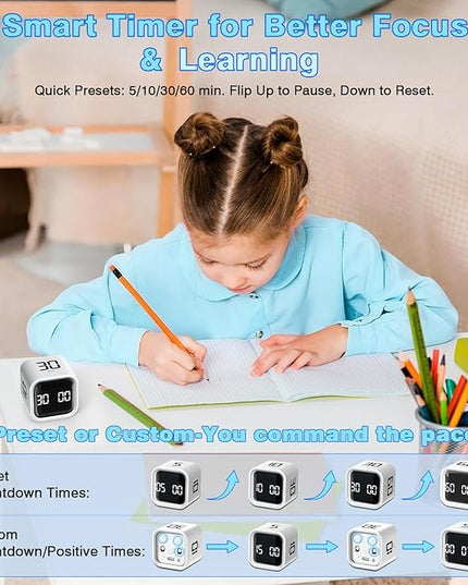 Cube Pomodoro Timer, Smart Productivity Timer 5/10/30/60 Minutes & Custom Countdown, Pause & Resume, Adjustable & Silent Visual Timer, Portable Rotation Multi Desk Timer for Study Task Work Kitchen