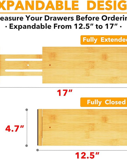 SpaceAid Bamboo 4 Pack Dresser Drawer Dividers, 4.65“ High Adjustable 12.5“-17” Drawer Organizers, Expandable Organization for Clothing, Clothes, Dressers, Natural