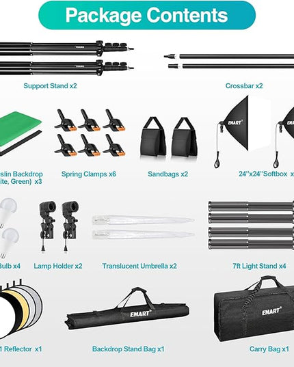 EMART 8.5 x 10 ft Backdrop Support System, Professional Photography Lighting Kit with 10*12ft Backdrop*3, 5500K 50W LED, Reflector, Umbrellas&Softbox Lighting Kit for Studio, Portrait, Video Shooting
