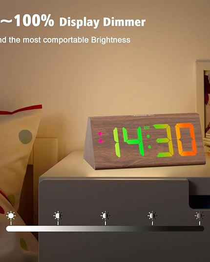 Wooden Digital Alarm Clock with Dual USB Charging Ports, DST, Dimmable, Snooze, RGB Colors, Modern Large Time Display LED Clock for Kids Bedrooms, Living Room, Desk, Table, Bedside, Nightstand (Brown)