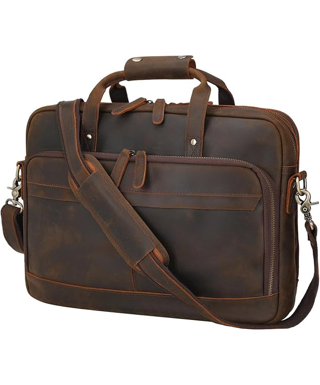 Masa Kawa Leather Briefcase for Men 17/15.6" Laptop Crossbody Shoulder Messenger Bag Business Travel Work Attache Case