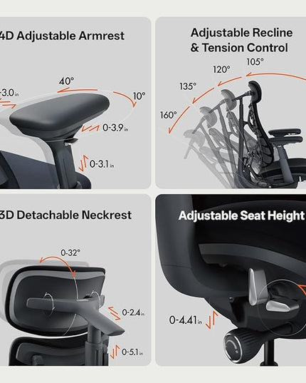 LiberNovo Dynamic Ergonomic Desk Chair + StepSync Footrest Bundle - Comfy Home Office Chair with Adaptive Lumbar Support, 160° Recline & Built-in Spine Stretch, Black+48cm