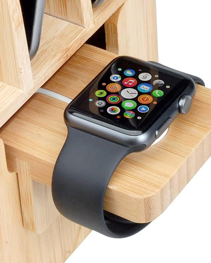 MobileVision Bamboo 12-Port Charging Station & Docking Organizer for Smartphones & Tablets, Family-Sized, for use in Corporate Offices & Classrooms (2 Bamboo Iwatch Adapter Stand add on Included)