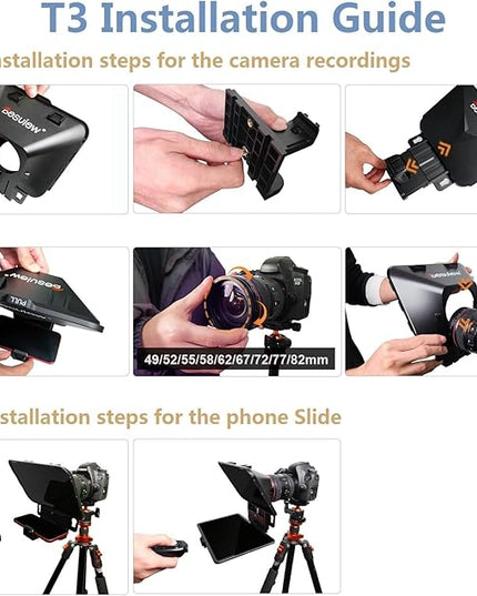 Desview T3 Portable Teleprompter for iPad Tablet iPhone up to 10 inch High Definition 70/30 Beam Splitter Glass with Remote Control for DSLR Camera Smartphone Video Recording (9 Lens Adapter Ring)