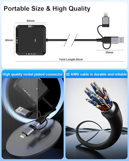 8-in-1 Multi Card Reader, USB-C USB-A Lightning 3-Port Connector to SD, TF, CF, MS, USBA, USBC, OTG SD Memory Card Reader Adapter for iPhone17/16/iPad/Android/Mac/PC with Windows/Mac/Linux/Chrome OS