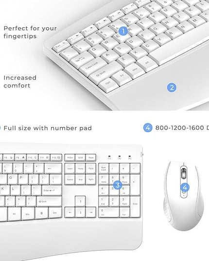 Ergonomic Keyboard and Mouse Combo, Full Size Cordless Computer Keyboard with Palm Wrist Rest Ergonomic Mouse for Windows Computers Laptops - White
