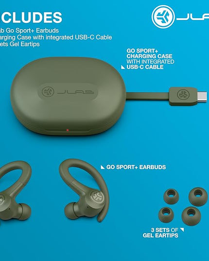 JLab Go Sport+ Wireless Workout Earbuds Featuring C3 Clear Calling, Secure Earhook Sport Design, 35+ Hour Bluetooth Playtime, and 3 EQ Sound Settings (Green)