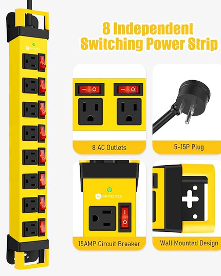 Heavy Duty Power Strip with Individual Switches,8 Outlets 14 Gauge Industrial Shop Garage Metal Multiple Outlets,1200J Surge Protector Mountable Power Strip,15FT Extension Cord Management (Yellow)