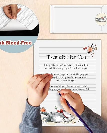 EggSun 250Pcs Cute Stationery Paper and Envelope Set with 100 Letterhead Papers and 50 Envelopes, 10 Design for Letter Writing Invitations Computer Holidays Party Notes, 8.5x11 Inch- Lined Cat
