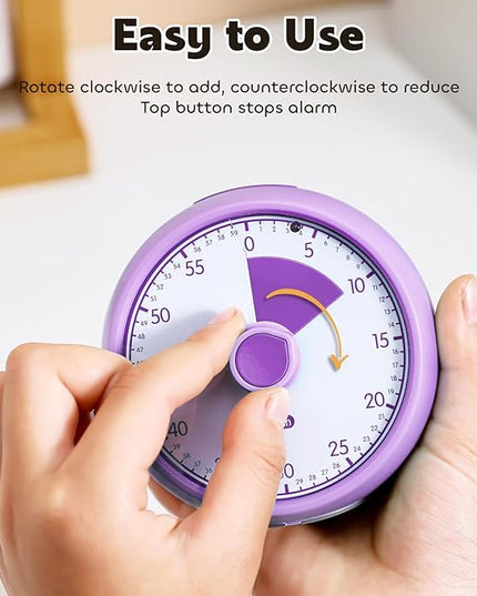 Conchstar Visual Timer for Kids 60-Minute - Countdown Timer with Optional Alarm, Focus Tool for ADHD & Autism, Time Management for Homework, Chores, Office, Kitchen, Teaching & Study Routines (Purple)