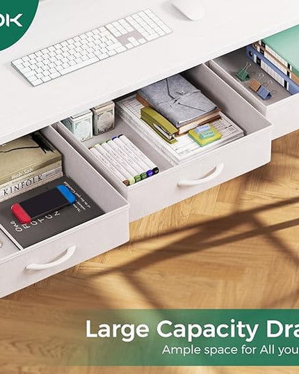 AODK 61 Inch L Shaped Computer Desk with Drawers, Corner Desk with Power Outlets & Reversible Storage Shelves, for Home Office Gaming, White