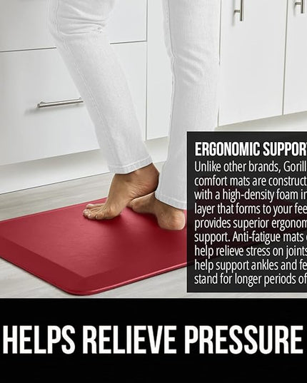 GORILLA GRIP Comfortable Cushioned Kitchen Mats for Floor, Waterproof and Stain Resistant Soft Top, 3/4 Inch Thick Ergonomic Standing Desk Anti Fatigue Mat, Foam Supports Ankles and Feet, 20x32, Red