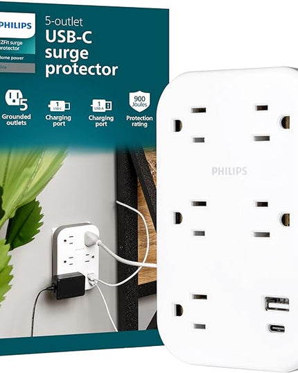 Philips EZFit 5-Outlet Extender Wall Tap with Surge Protection, Grounded Adapter, Charging Station, 3 Prong, 1 USB-A, 1 USB-C, 900J, White, SPP3513W/37