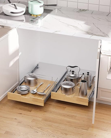 Sikarou Pull Out Cabinet Organizer,Heavy-Duty Slide Out Shelf, Wood And Wire Basket, Pull Out Drawer for for Kitchen Under Sink Space, Pantry, Bathroom (11 * 21 WM)