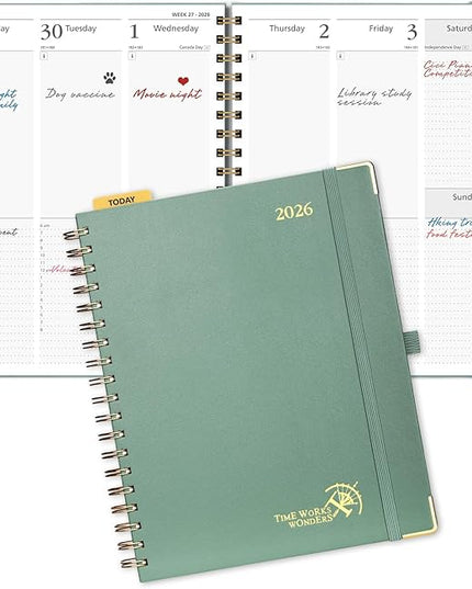 POPRUN 2026 Planner (Large Size 10'' x 8'' Wire-Bound Hard Cover) Daily Weekly and Monthly Calendar - Agenda 2026 (Jan.2026-Dec.2026) with Hourly Schedule, Monthly Tabs - Midnight Green
