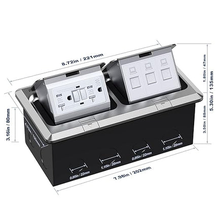 KYHSHJ Dual Pop-Up Floor Electrical Outlet Box Kit，20 Amp Stainless Steel GFCI TR Receptacle Outlet，3-Port RJ45 Datacom Receptacle，Silver