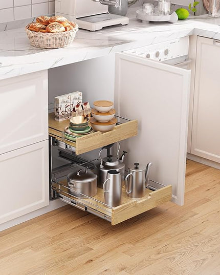 Sikarou Pull Out Cabinet Organizer,Heavy-Duty Slide Out Shelf, Wood and Wire Basket, Pull Out Drawer for for Kitchen Under Sink Space, Pantry, Bathroom, 2 Tie 14 * 21 in