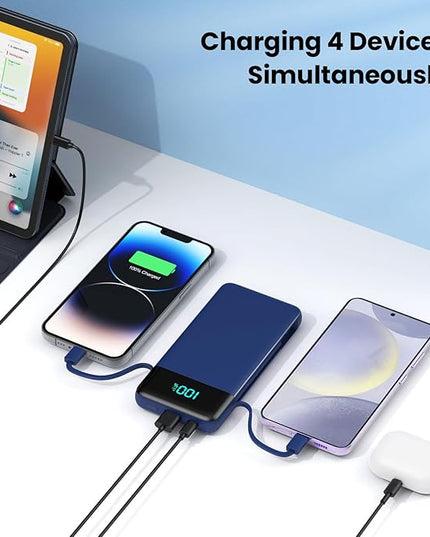Portable Charger for iPhone with Built in Cables and Wall Plug,Upgraded 13800mAh Fast Charging USB C Power Bank,4 Outputs Travel Essential Battery Pack Compatible with iPhone 17/16/15/14,Samsung-Blue