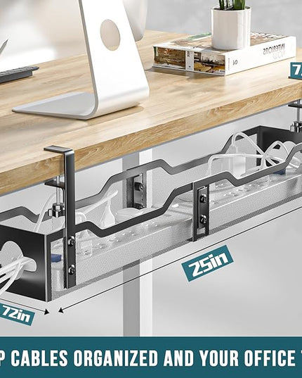 Under Desk Cable Management Tray Black, Litwaro Cable Management Under Desk No Drill, 25'' Cable Tray with Clamp for Wire Management, Cord Organizer for Office, Home - No Damage to Table