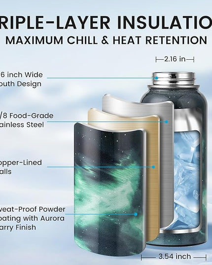 32oz Insulated Water Bottle, Triple Wall Vacuum Stainless Steel Water Bottles - Keeps Cold 48H, Reusable Metal water flask Jug for Gym, Sports, Camping, Hiking,Travel, Aurora-Green