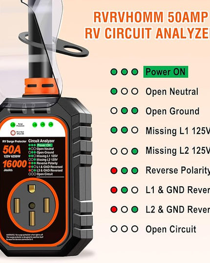 RV Surge Protector 50 Amp Flag Design - Upgraded 16000J Power Surges Voltage Protection Circuit Analyzer IP68 Waterproof Cover for 50A RVS Camper Trailer Must Haves (50Amp, Orange)