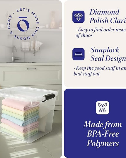 HOMZ 2-Pack Latching Lid, Large Clear Plastic Storage Bins w/Lids, 112 Quart, Gray Latch - Stackable Container Boxes for Home, Bathroom, and Office Organization