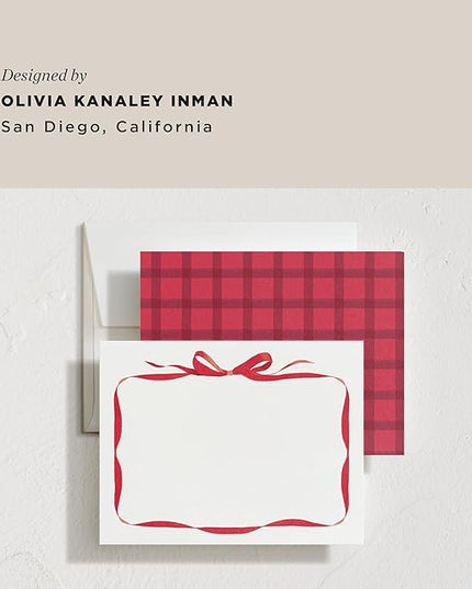 Minted Bow Stationery Cards, 10 Count, Blank Cards and Envelopes For Thank You Notes, Holiday Greeting, Invitations & Handwritten Messages, Note Cards & Stationery Set, Gifts for Women, Red Bow Theme