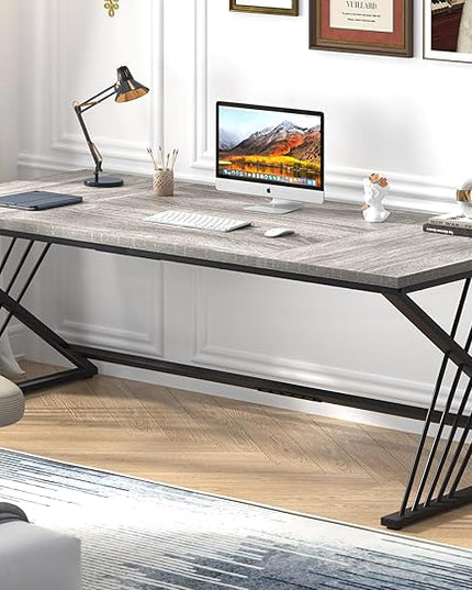 FOLUBAN 70.9" Industrial Computer Desk with Z-Shaped Legs, Modern Home Office Desk for 2 Person, Large Gaming Executive Workstation Study Table for Bedroom Writing, Light Grey