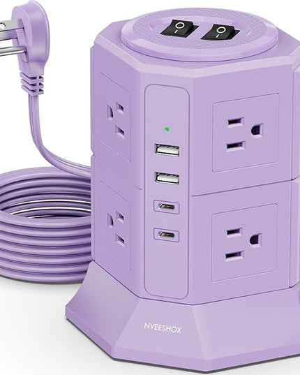 Flat Plug Power Strip Tower with 8 Outlets 4 USB Ports (2 Type C), Surge Protector Power Strip with 6.5 FT Extension Cord, Outlet Extender Charging Station with Multiple Outlets for Home Office Dorm