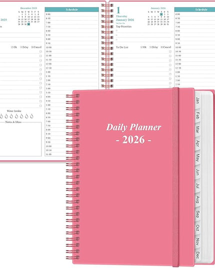 Daily Planner 2026 Full Page Per Day- 2026 Daily & Monthly Planner from January 2026 to December 2026, Day Planner 2026 with 12 Months Tabs, 8.5" x 11", Pink