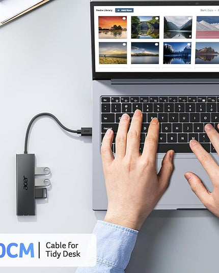 Acer USB Hub 4 Ports, Multiple USB 3.0 Hub, USBA Splitter for Laptop with Type C Power Port, Extender for A Port Laptop, PC, Desktop and More (0.7ft)