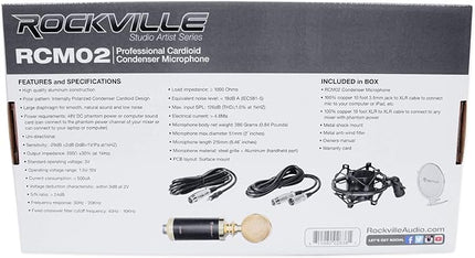 Rockville RCM02 Pro Studio Condenser Microphone, Cardioid Pattern, All-Aluminum Chassis with Steel Basket, Dual Connectivity XLR and 3.5mm, Shock Mount, Cables, for Recording and Podcasting