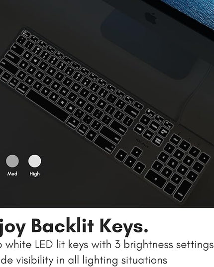 Macally Backlit Mac Keyboard - Quiet, Sleek, and Functional - 3 Brightness Levels, 107 Keys, 5ft USB Wired - Apple Keyboard - Backlit Wired for Mac, iMac, MacBook Pro/Air - Space Gray