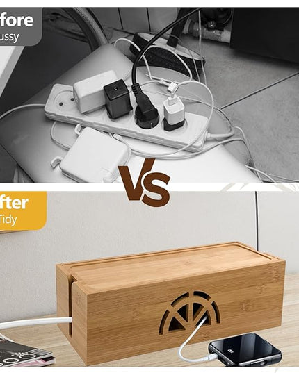 Bamboo Cable Management Box,Extra Large Cord Organizer Box,Power Strips Hider,Plug Strip Cord Box,Outlet Holder,Cords Concealer,Wires Covers,Desk & Floor Tidy Solution (Straight lid)