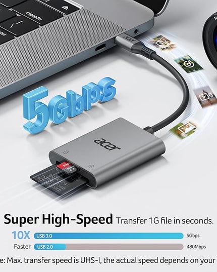 Acer SD Card Reader USB C, Dual Slots Type C to Memory Card Reader, Aluminum Micro SD Card Camera Adapter for MicroSD, SDHC, SDXC, Compatible with iPhone16/15, MacBook, iPad Pro, Android, Laptop