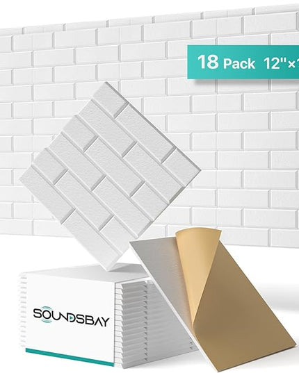 Soundsbay Acoustic Panels, 18 Pack Sound Proof Foam Panels for Wall, High Density Soundproof Wall Panels Brick Wall Panels for Office,Reccording Studio, Ceiling 12" X 12" X 0.4" White