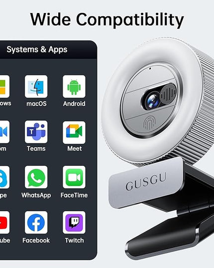 GUSGU G910 2K Quad HD Webcam for PC, with Microphone & Light & Privacy Cover, Web Camera for Desktop Computer/Laptop/MacBook, USB Streaming Camera